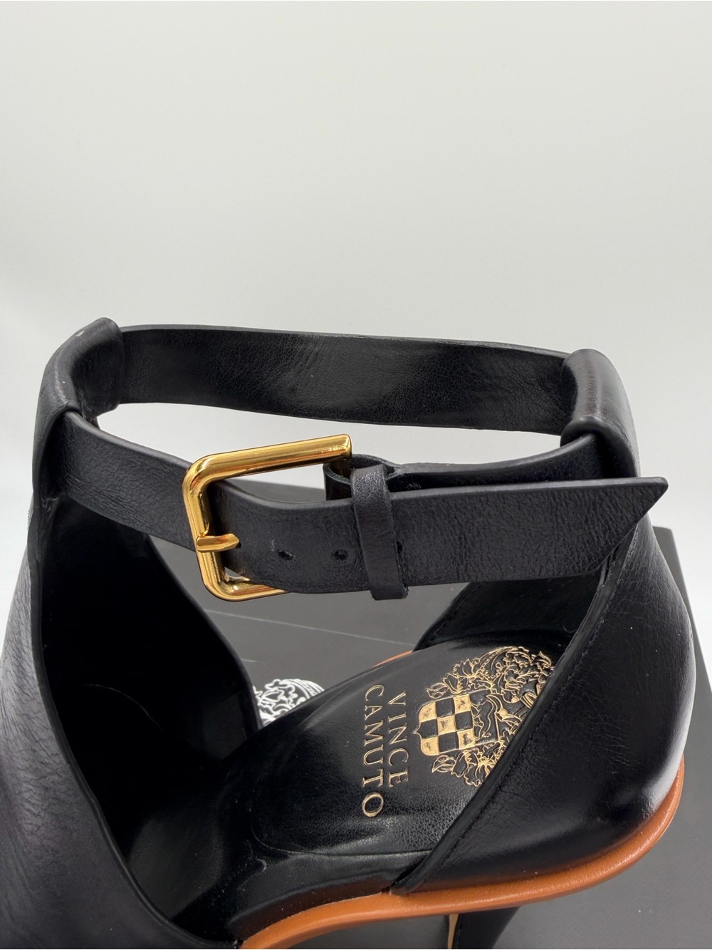 Vince Camuto Fasper Black Leather Ankle-Strap Peep-Toe Heel 8.5 Bootie Sandal - Picture 6 of 9